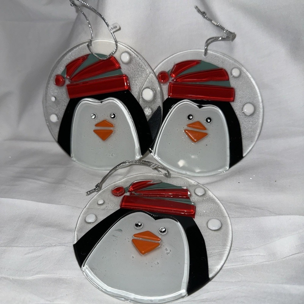Penguin Ornaments New Glass  4"‎ Set Of 3
